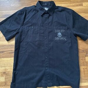 Mens Harley Davidson Skull Graphic Shirt Black Biker Button Up Large